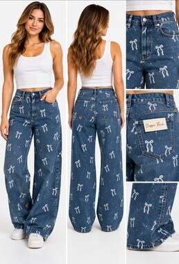 Copper Flash Women’s Size 12 High Rise Wide Leg Jeans Bow Print Rhinestone Y2K